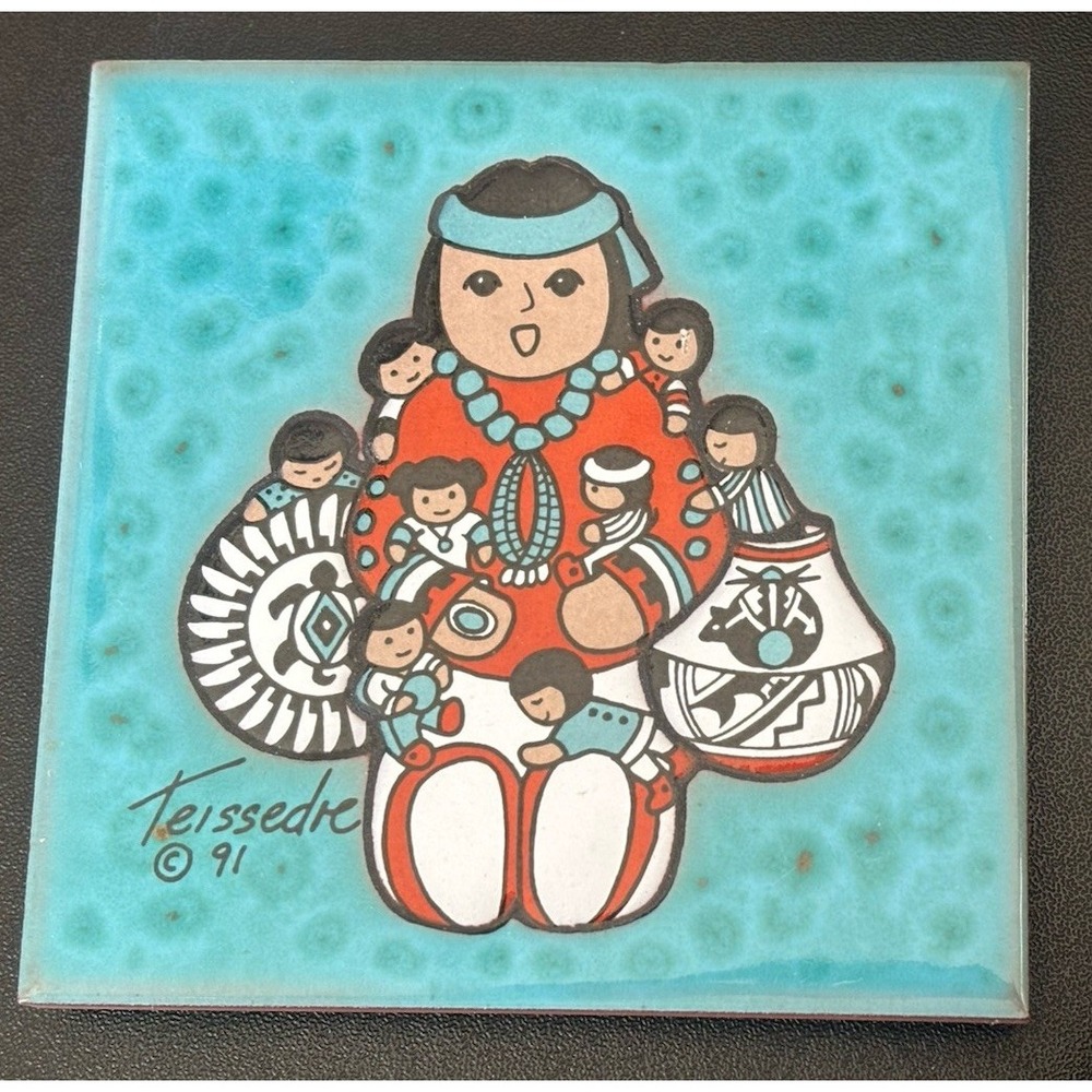 Vtg Story Teller Wall Art Tile Coaster Native Children Cleo Teissedre 4" Ceramic